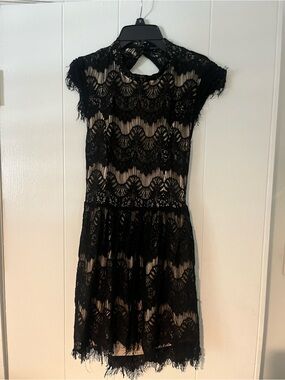 Black Lace Overlay Mini Dress with Nude Lining- medium